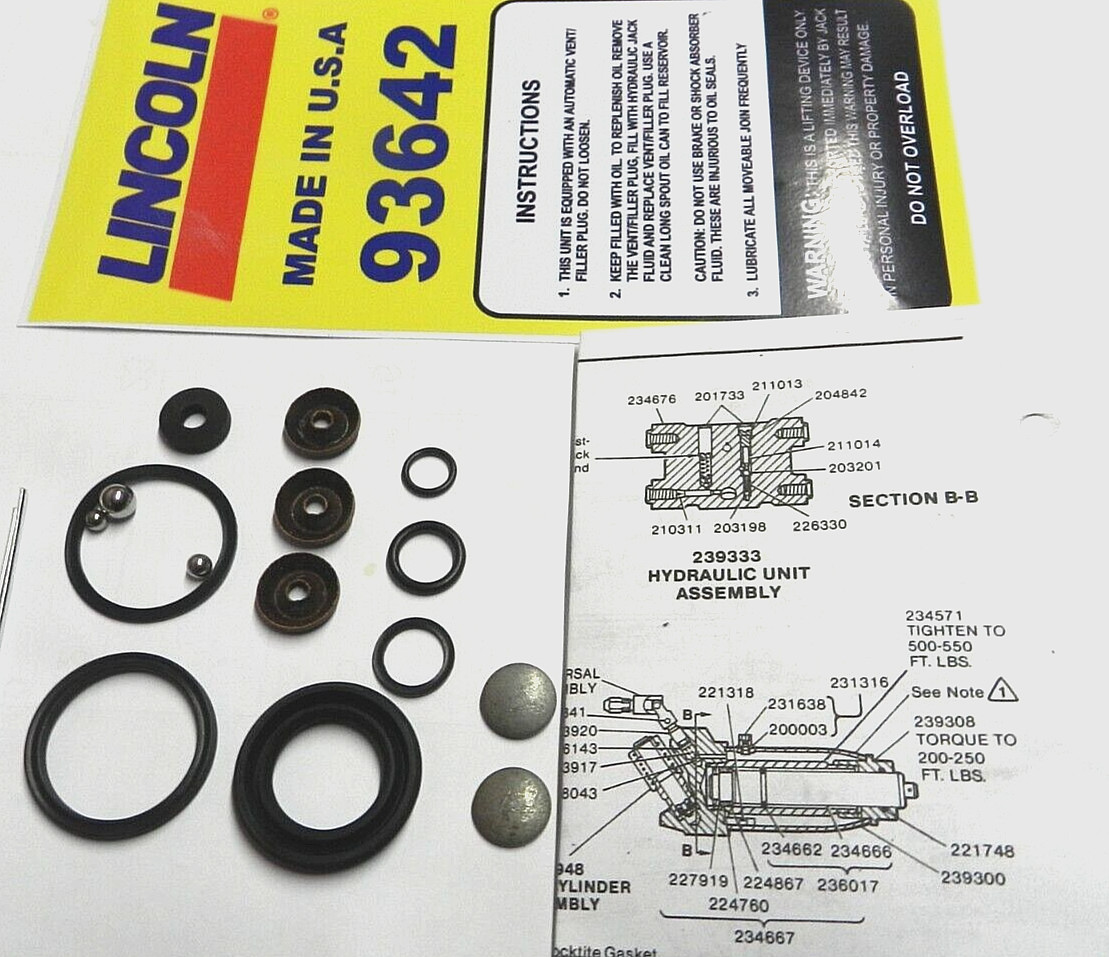 Lincoln 93642-2 ton floor Jack seal- Repair kit + 93642 Decal