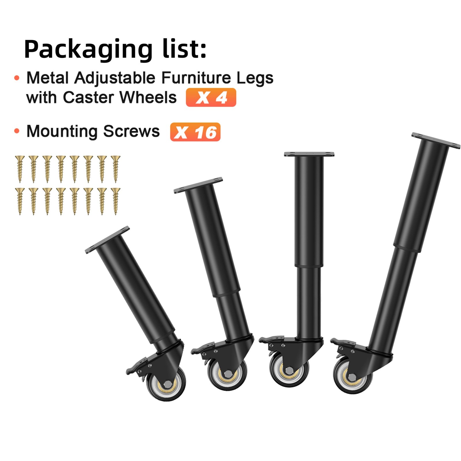 7-12 inch Metal Adjustable Furniture Legs with 2.36 inch Swivel Caster Wheels fo