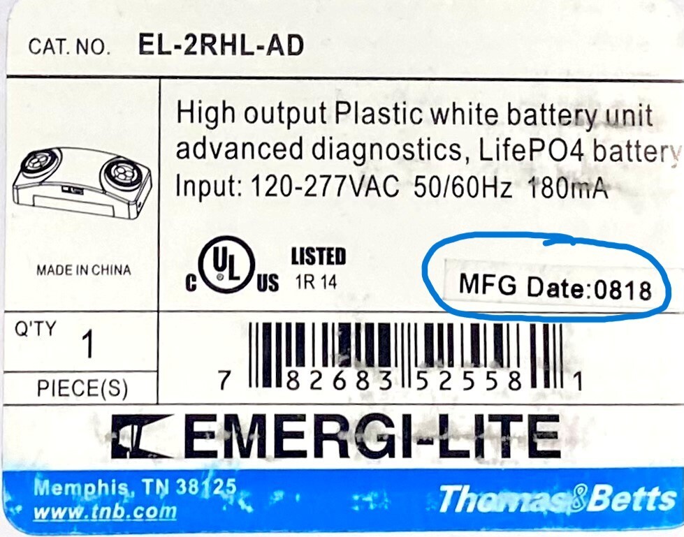 Thomas & Betts EL-2RHL-AD LED EMERGENCY LIGHTING WHITE BATTERY UNIT