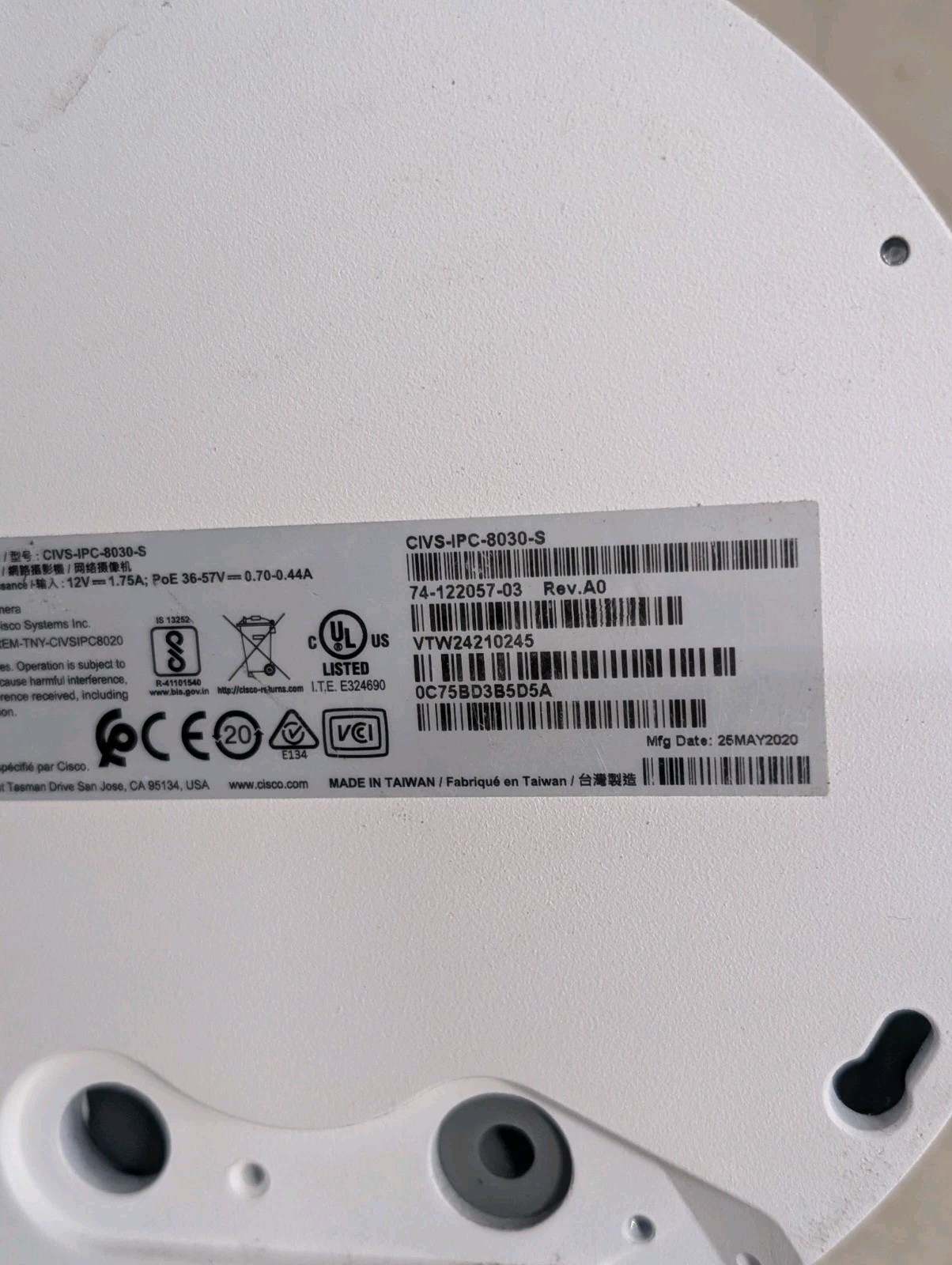 Cisco CIVS-IPC-8030S Network Dome Surveillance Camera