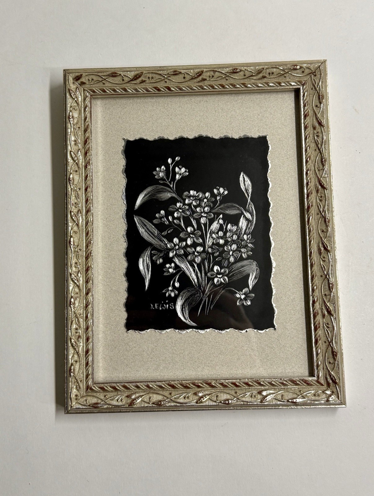 Handcrafted Irmengard Lewis Engraved Blackboard Metal Forget Me Not Flower Art