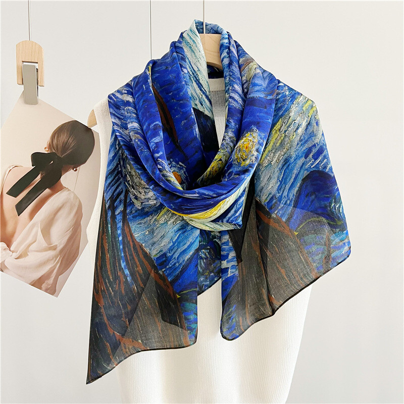 Womens Large Long 100% Mulberry Silk Scarf Vintage Shawl Blue Hand Rolled Gift