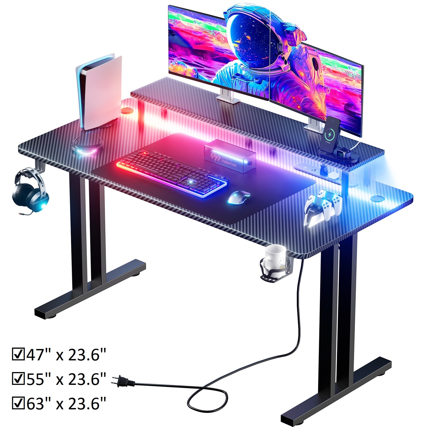 Gaming Desk with LED Lights & Power Outlets, Gamer Desk with Monitor Stand