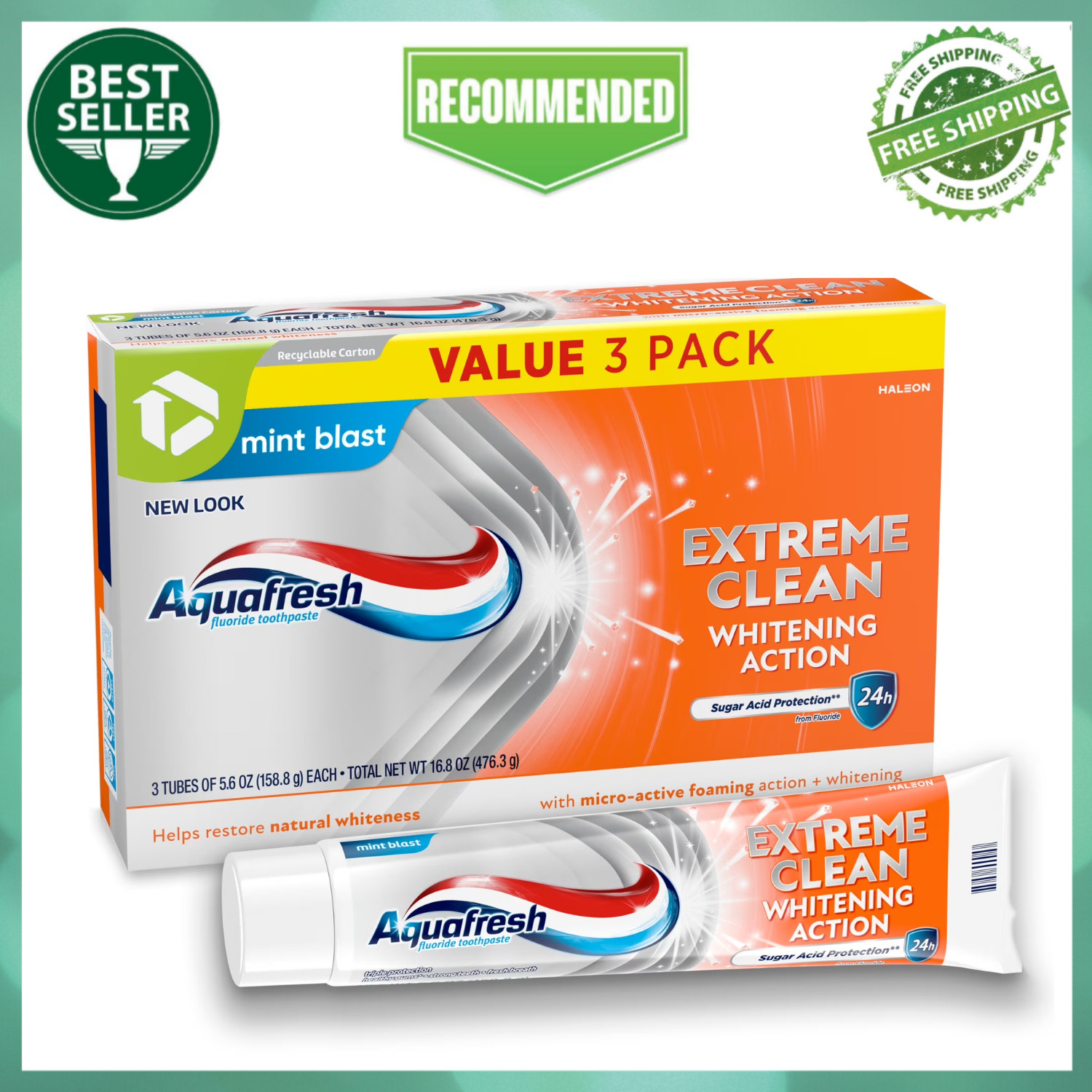 Aquafresh Extreme Clean Whitening Action Fluoride Toothpaste, 5.6 Oz, 3 Pack