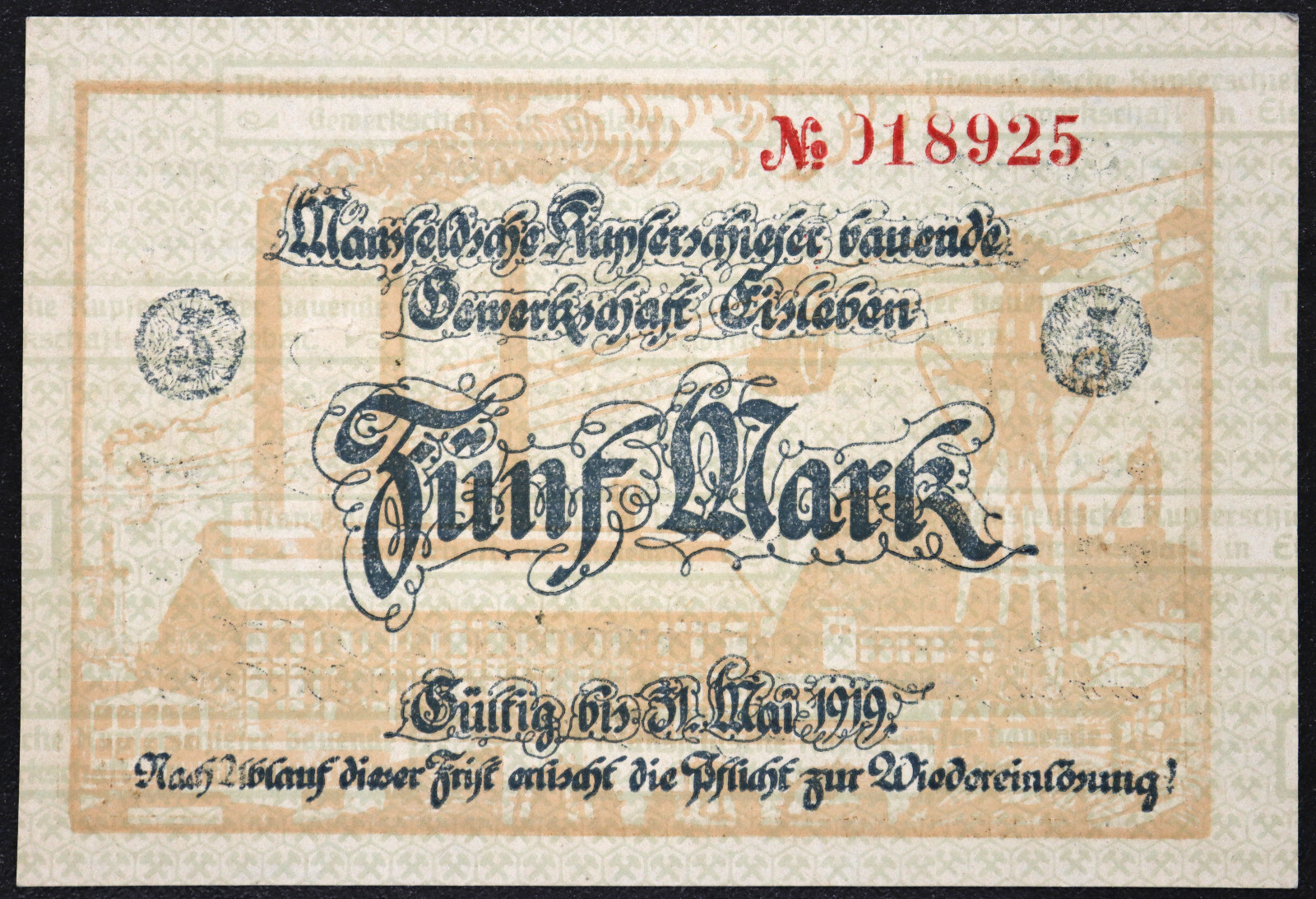 EISLEBEN 1918 "Mansfeld Copper Shale" 5 Mark Grossnotgeld German Notgeld
