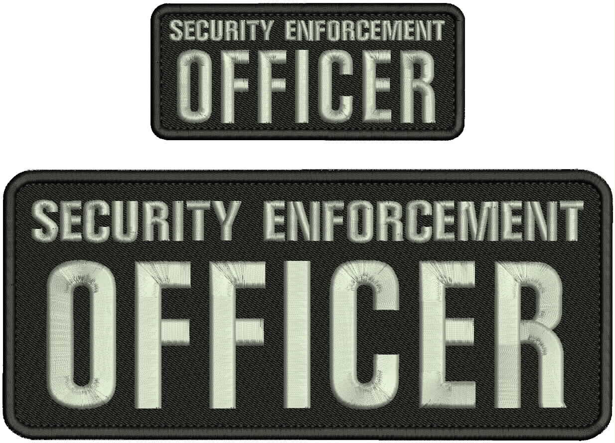 SECURITY E OFFICER 2 EMB PATCHES 4X10 & 2X5 VELCR@ ON BACK SILVER ON BLACK