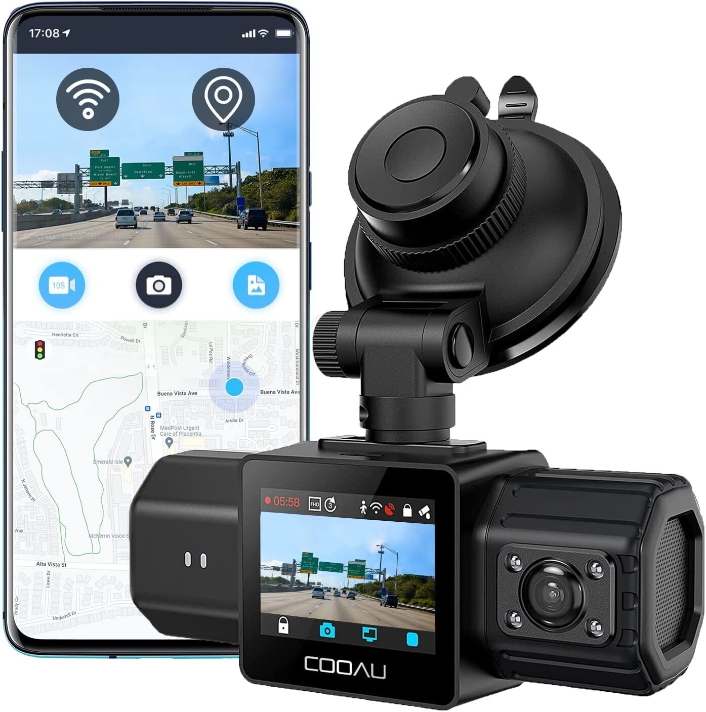 COOAU Dual Dash Cam 2.5K+1080P, Dash Cam Front and Inside,Accident Record,WI-FI