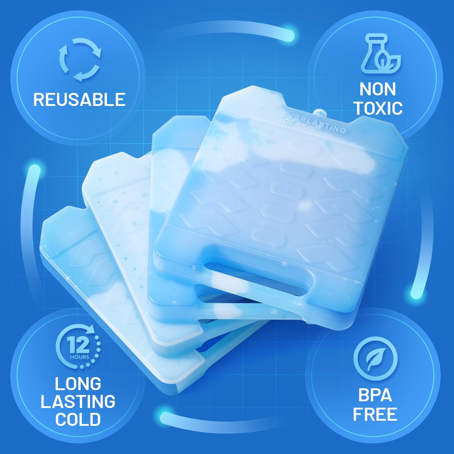 Large Reusable Ice Packs for Cooler with Handle (4 Pack) Long Lasting Coolnes...
