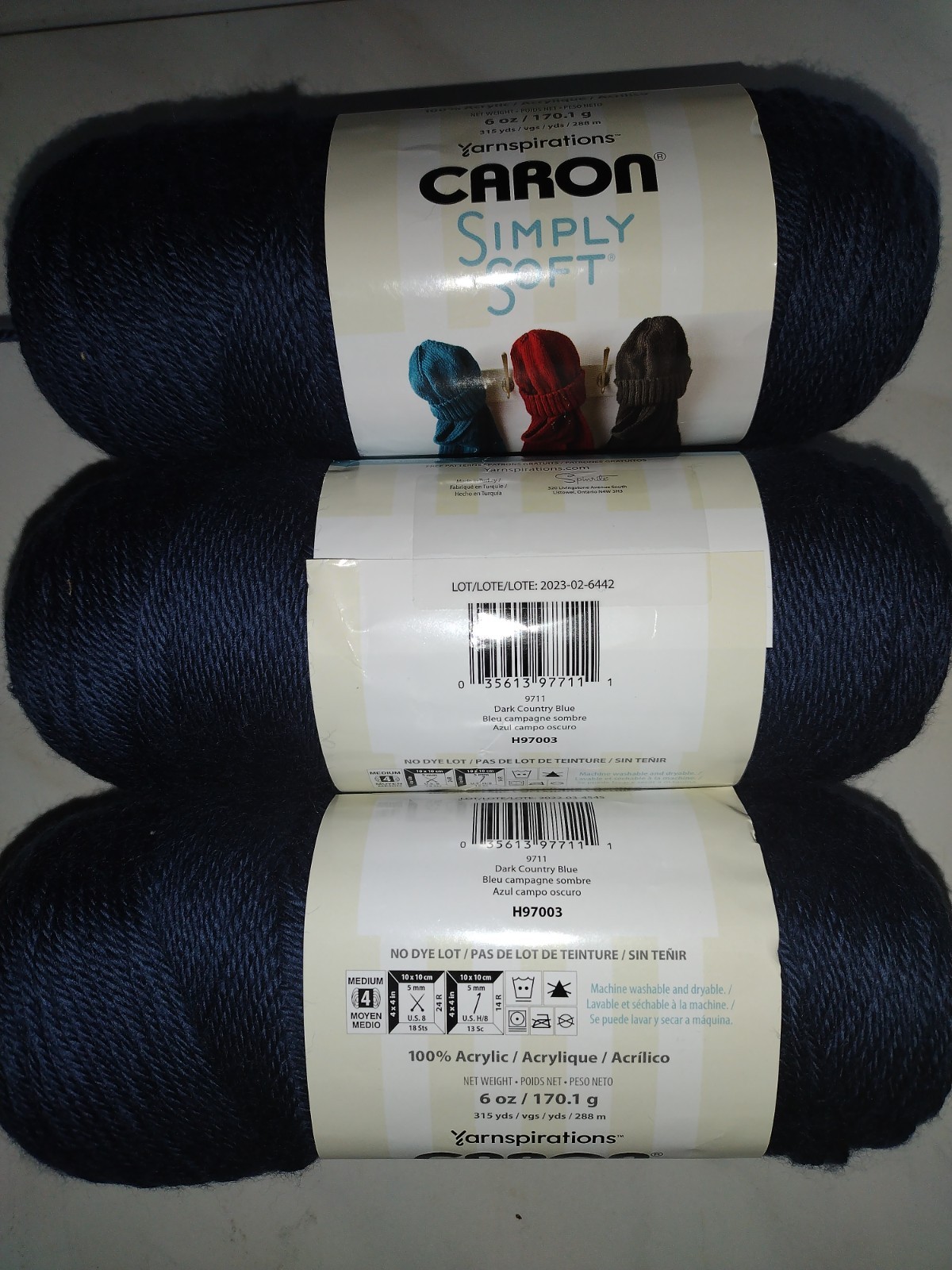 Lot of 3 Skeins, CARON Simply Soft Acrylic Yarn Dark Country Blue (9711)
