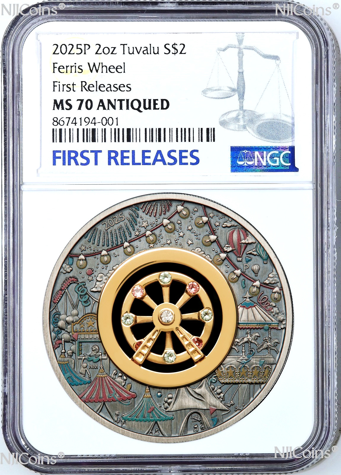 2025 FERRIS WHEEL Antiqued 2oz Colored Silver $2 COIN w/Swarovski NGC MS70 F
