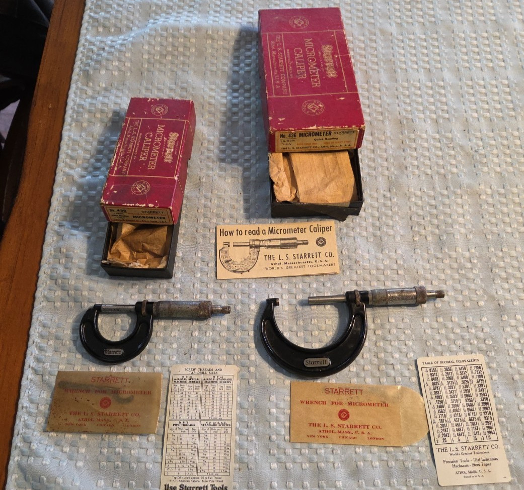 2 Starrett No. 436 Outside Micrometers - 0-1 Inch, 1-2 Inch