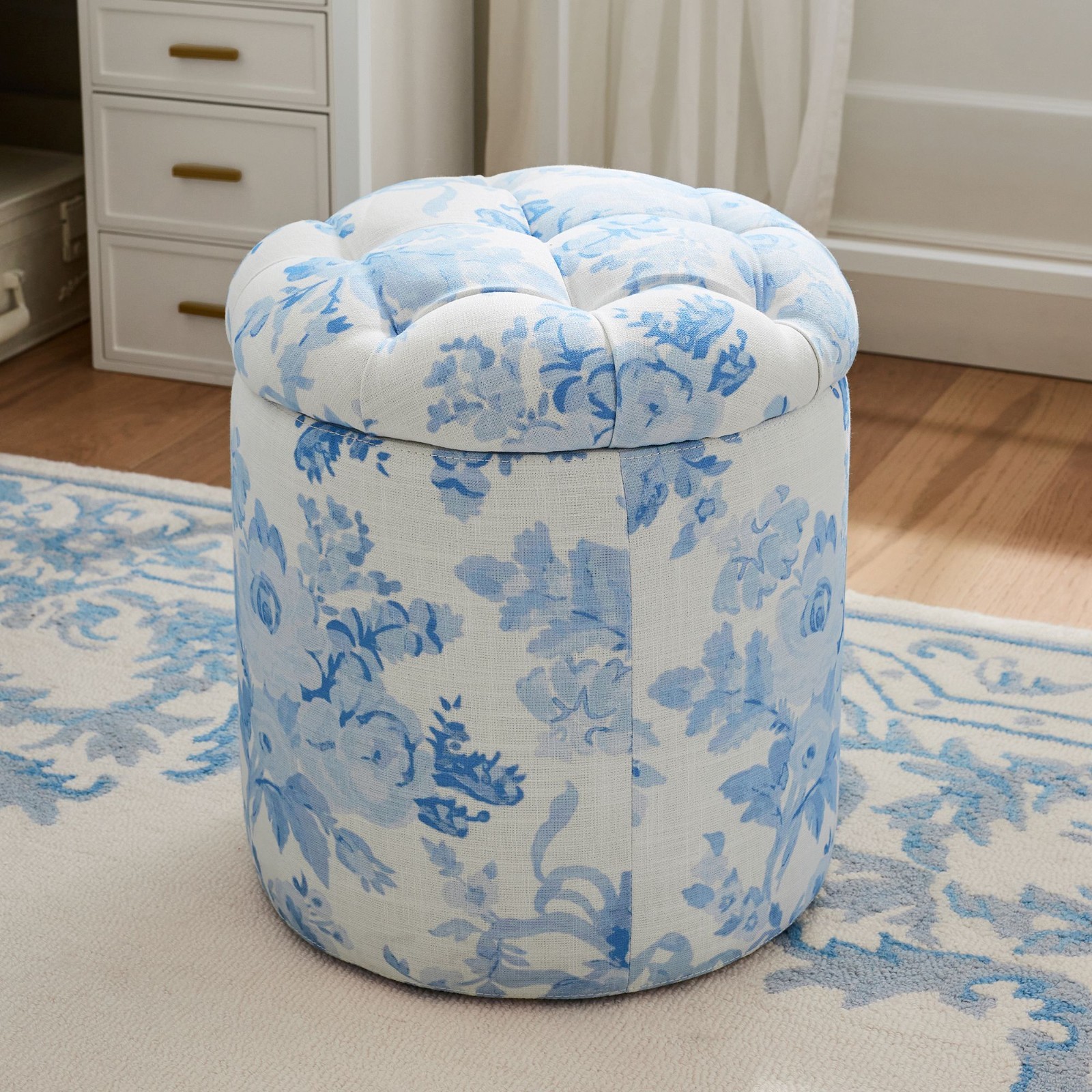 LoveShackFancy Tufted Round Storage Ottoman - Garden Damask Blue
