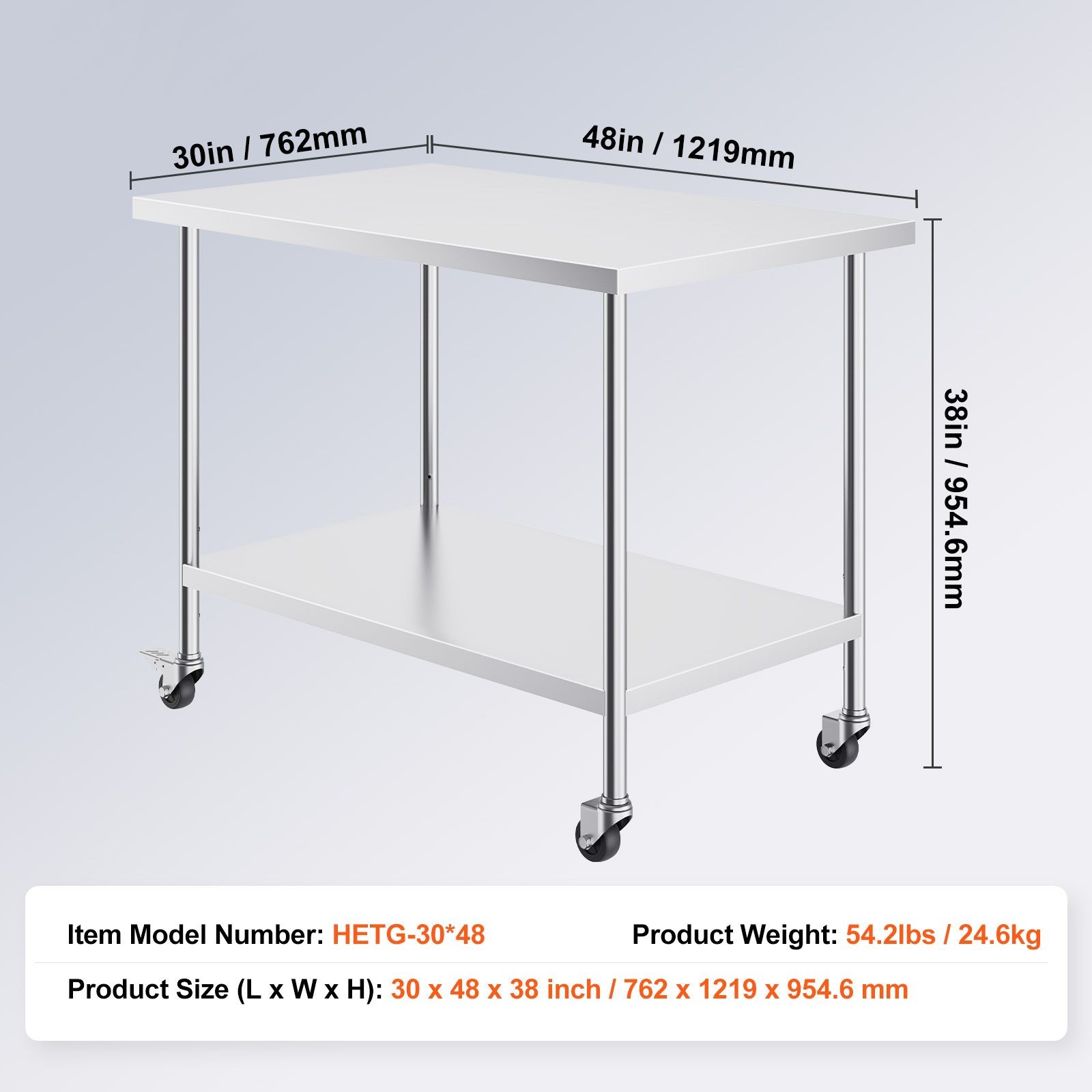 30x48in Stainless Steel Work Table with 3 Adjustable Shelves