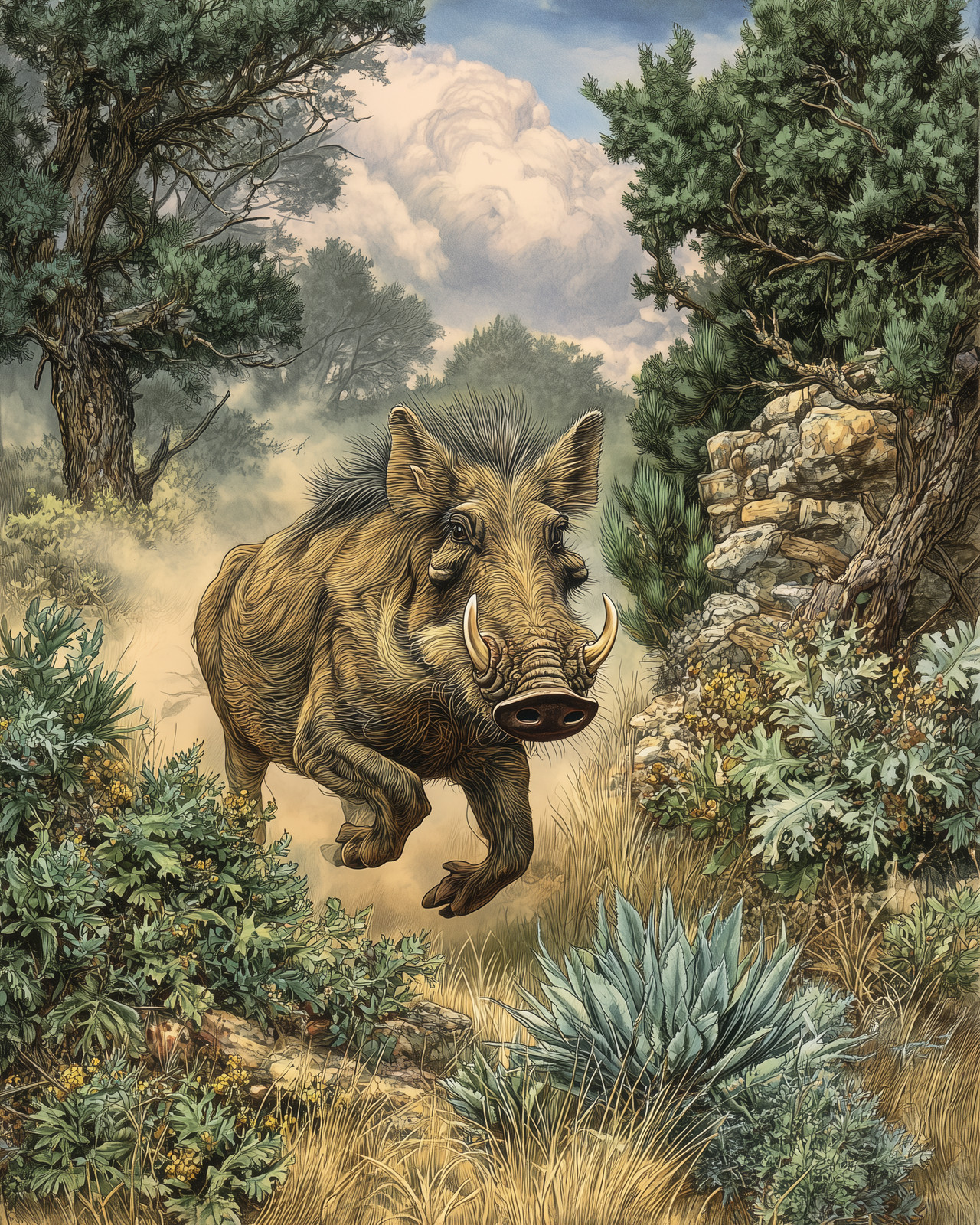 8x10 Wild boar running through scrub and rocks wooded hillside - 812340444