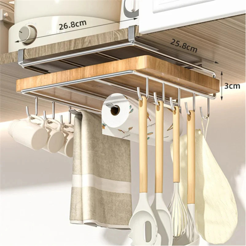 Stainless steel Kitchen Hanging Organizer Rack with Hooks Paper Towel Rag Hangin