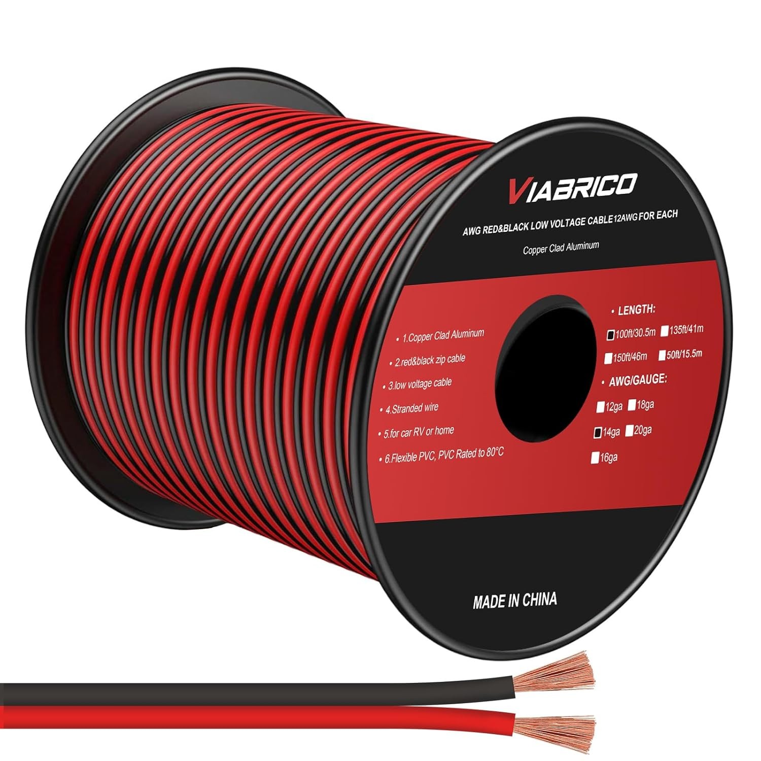 14AWG 100FT Electrical Wire Cable 2 Conductors Red 14AWG-100FT, Red&Black