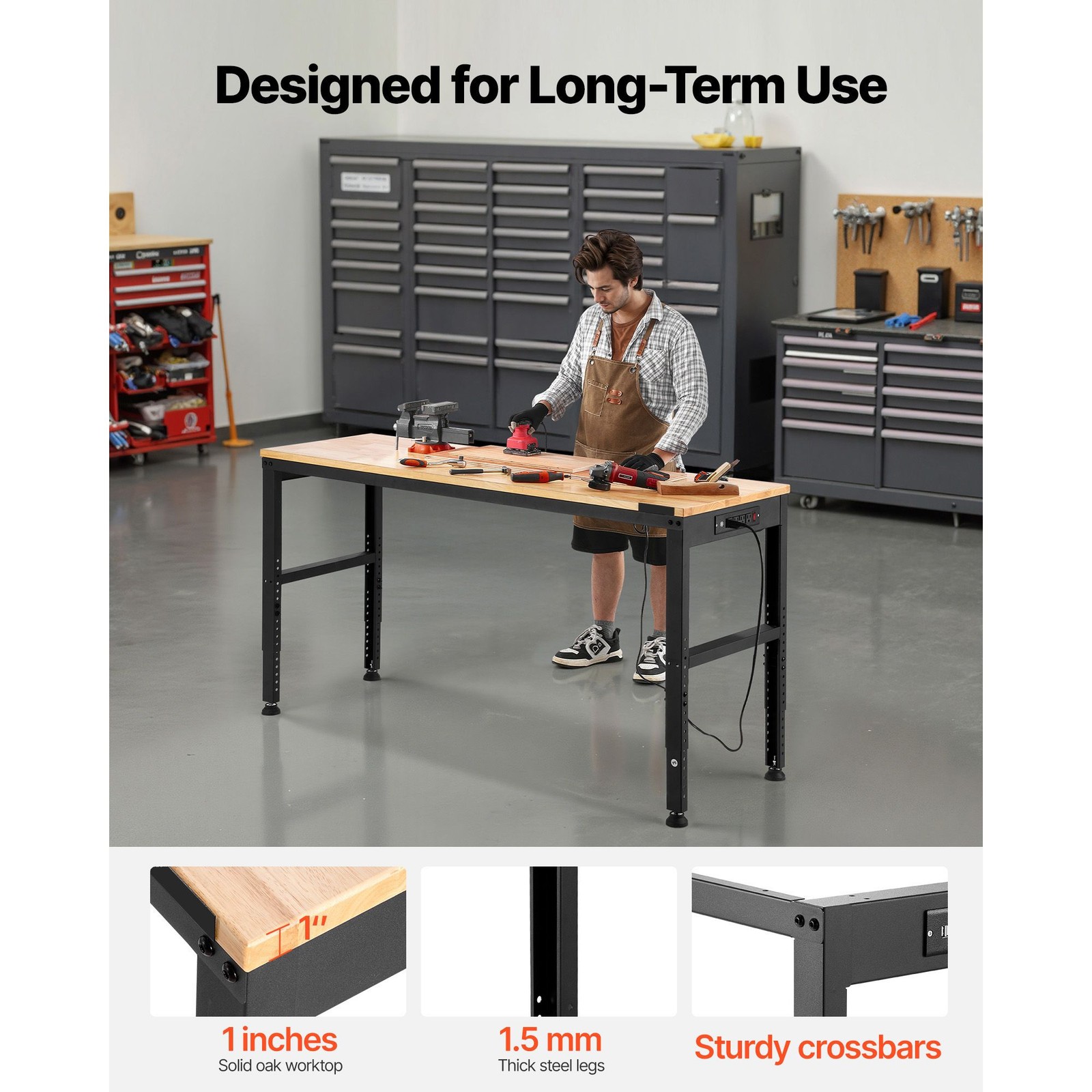 2000 lb Adjustable Height Oak Workbench 61x20