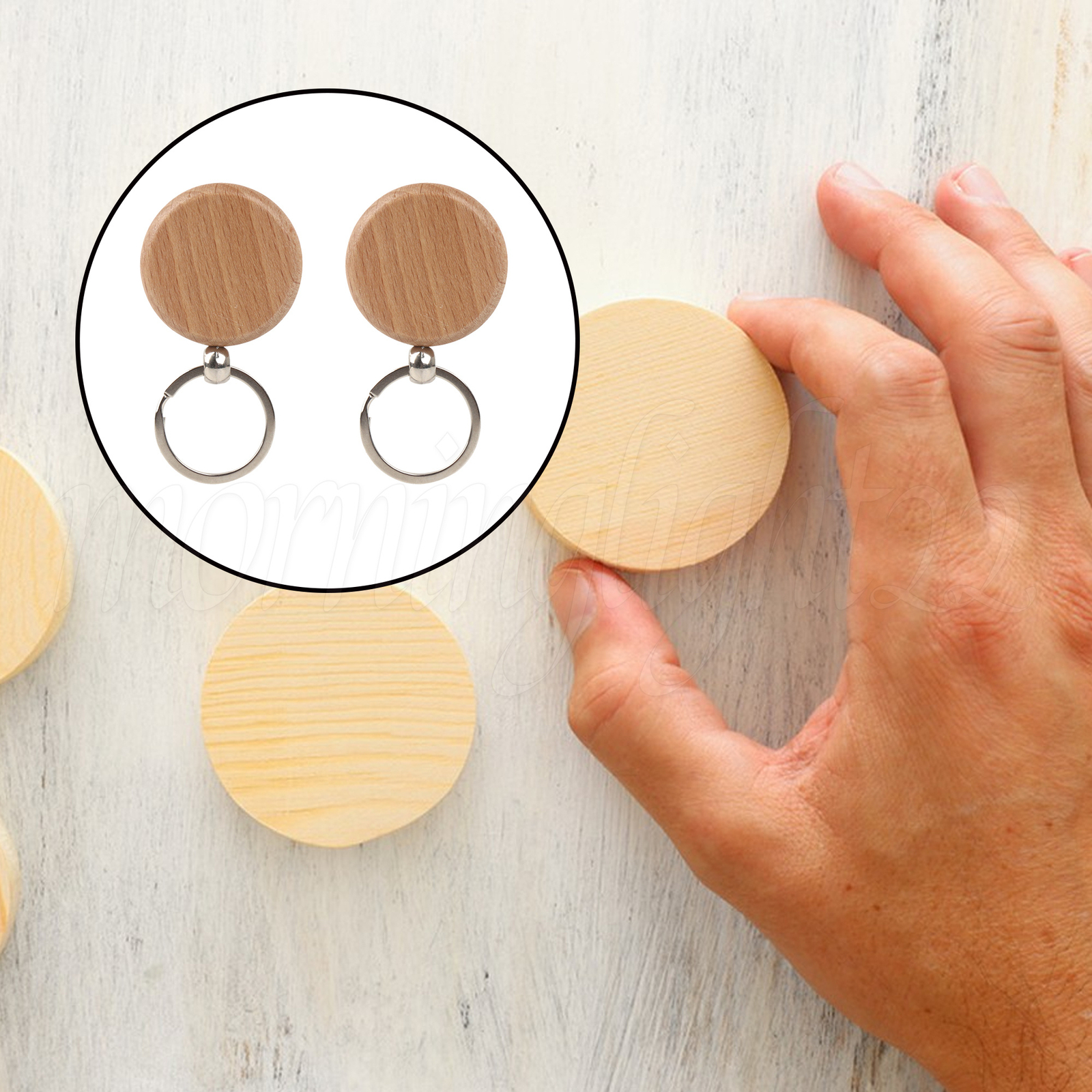 Unfinished Wooden Key Ring 4cm Diameter Key Chain for Crafts Supplies Set of 10