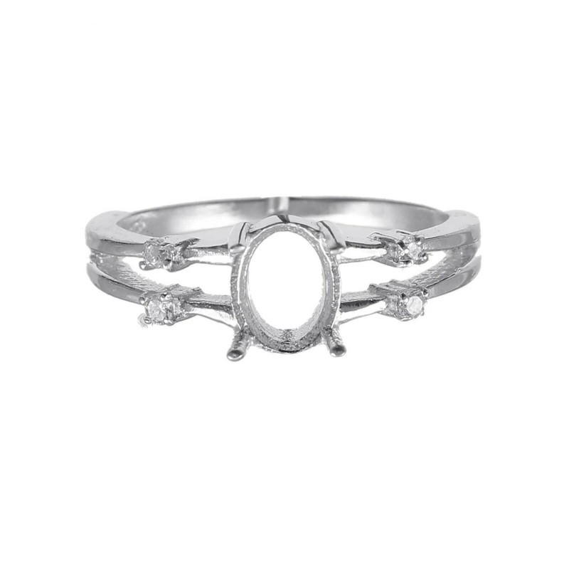 8x6mm Oval Semi Mount Ring 925 Sterling Silver CZ Accented Split Shank