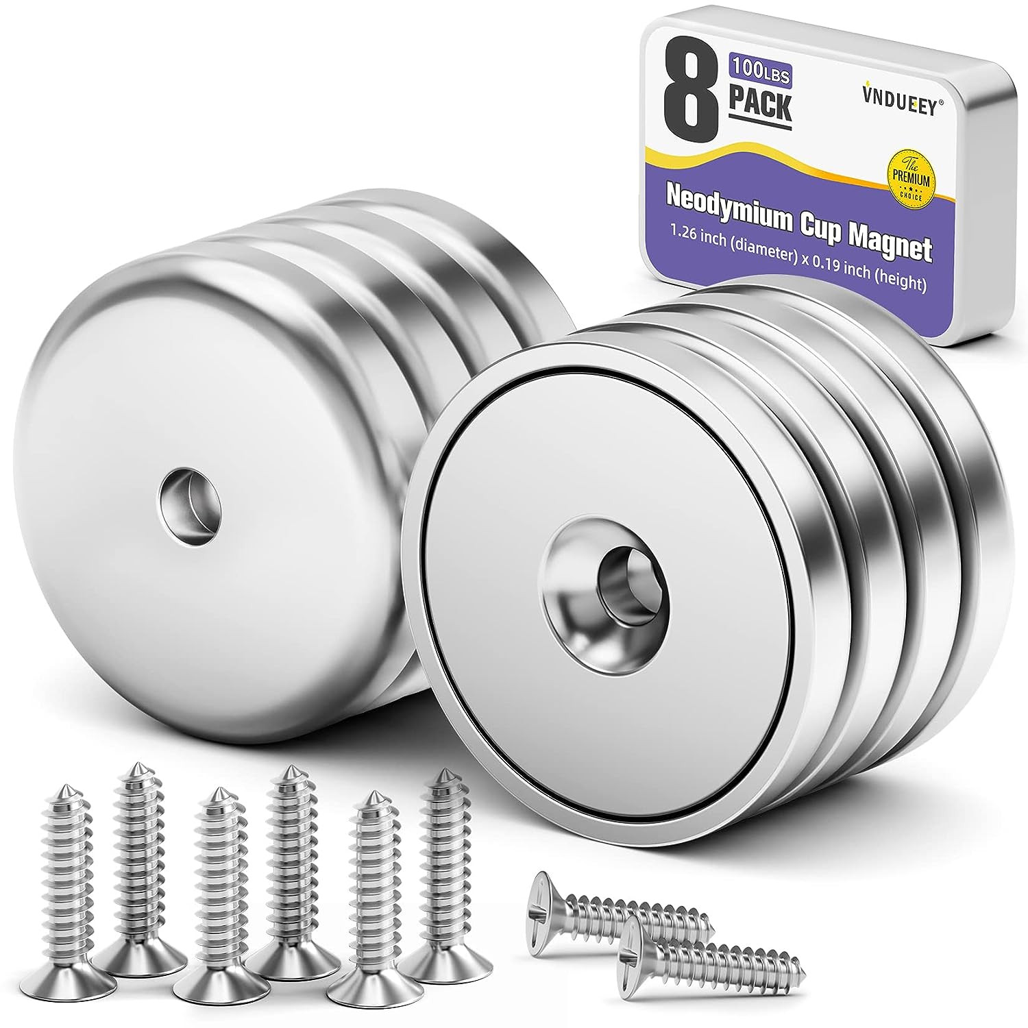 Pack of 8 Neodymium Magnet Cup 100 LBS Pull Force Rare Earth Magnets with Counte