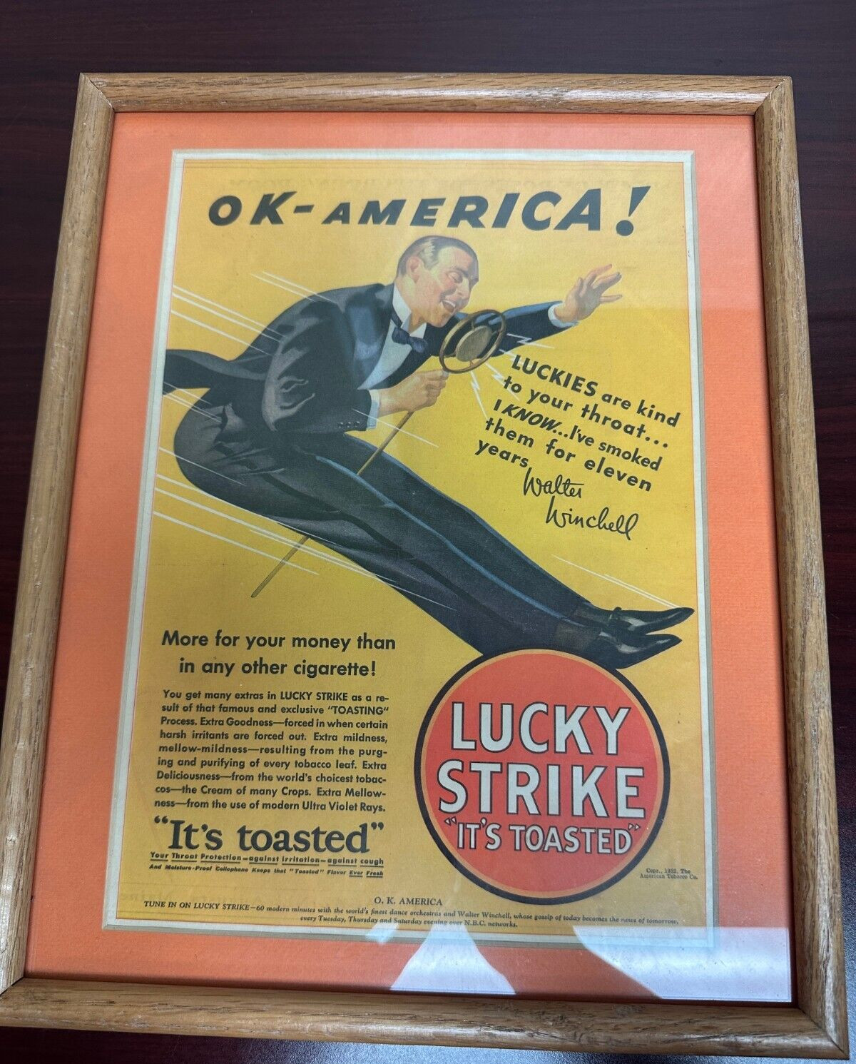 Vintage Lucky Strike Walter Winchell OK America 1932 Picture w/Frame~Ripped Back