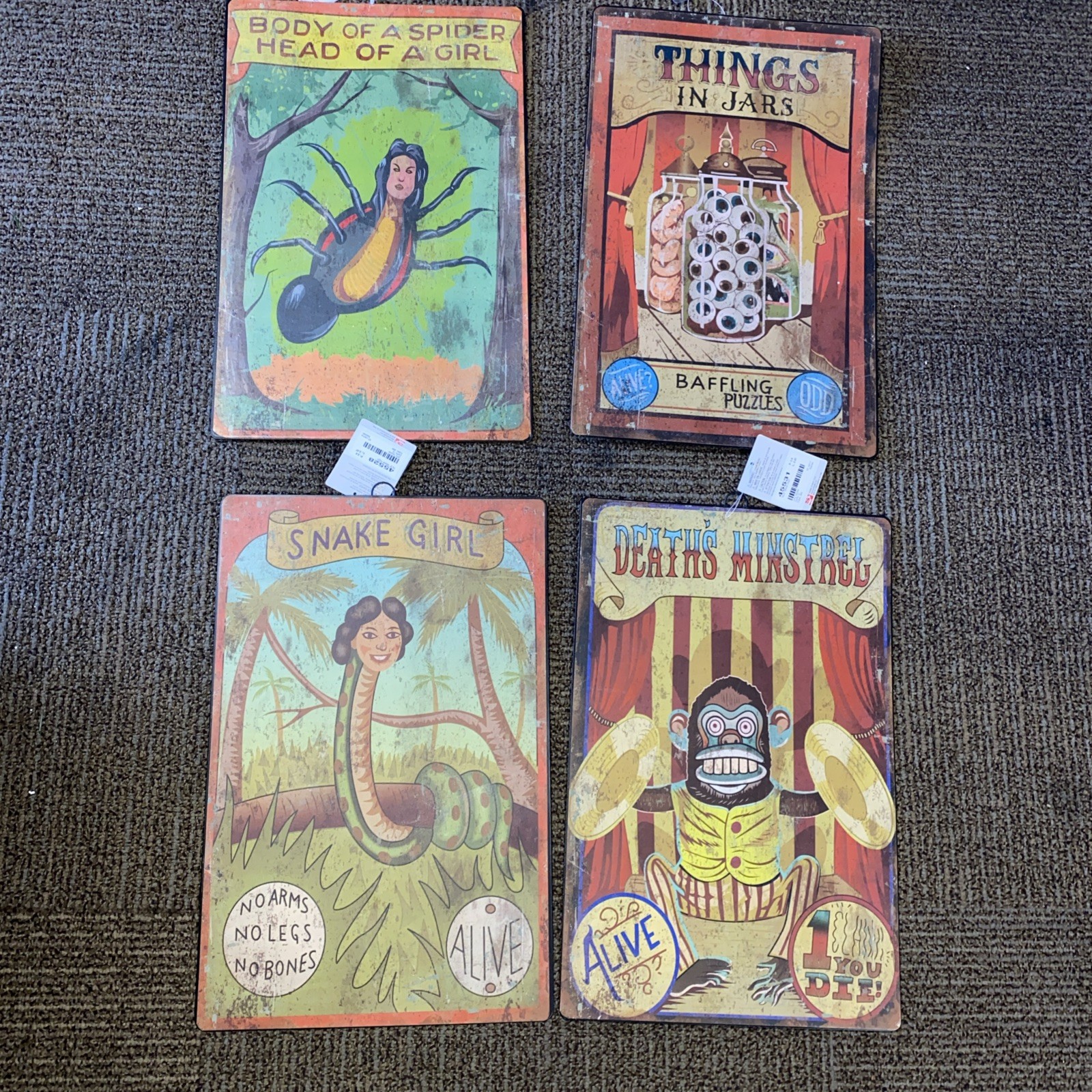 Halloween Prop Lot Of Four FREAK SHOW metal Signs. Creepy Funhouse. Rare!
