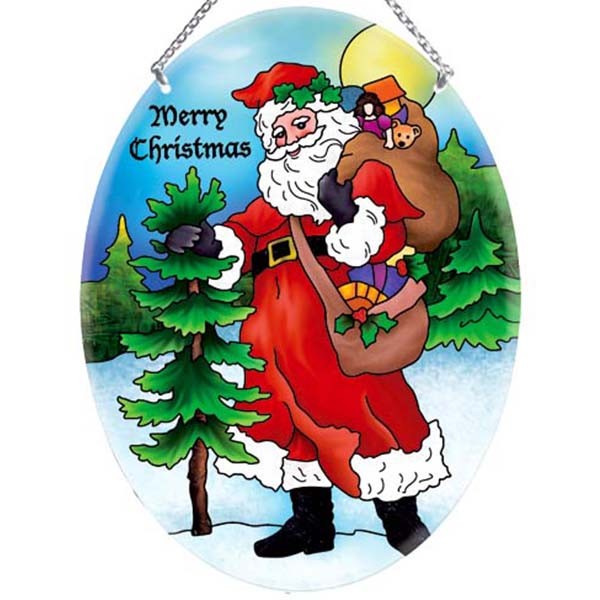 Merry Christmas Vintage Santa  Art Glass Suncatcher 9" x 6.5" Joan Baker Designs
