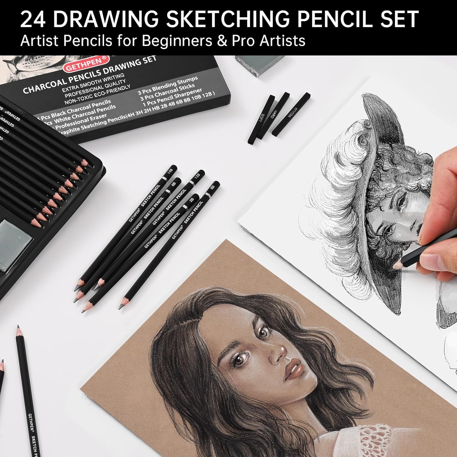 Drawing Sketching Pencil Set, 24 Piece Pro Artist Sketch Kit - Graphite...