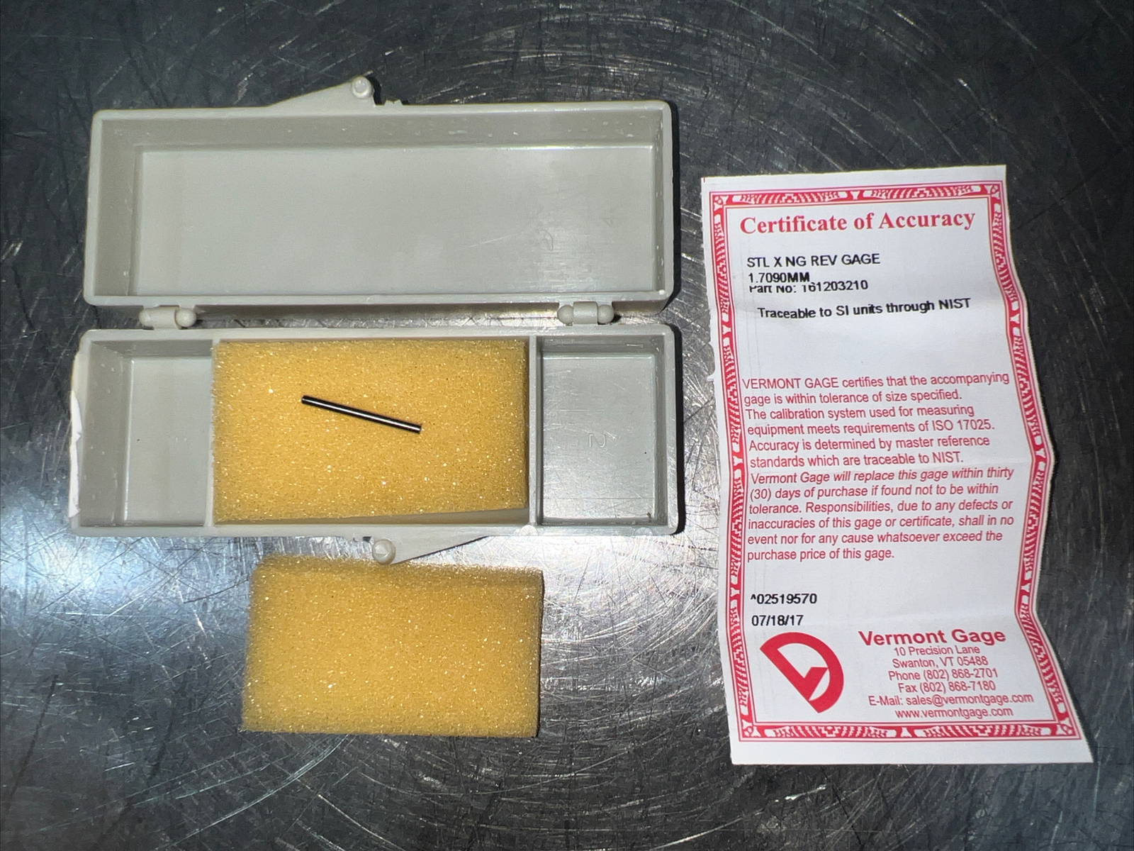 Vermont Gage STL X NG REV GAGE 1.7090 MM Nos Surplus