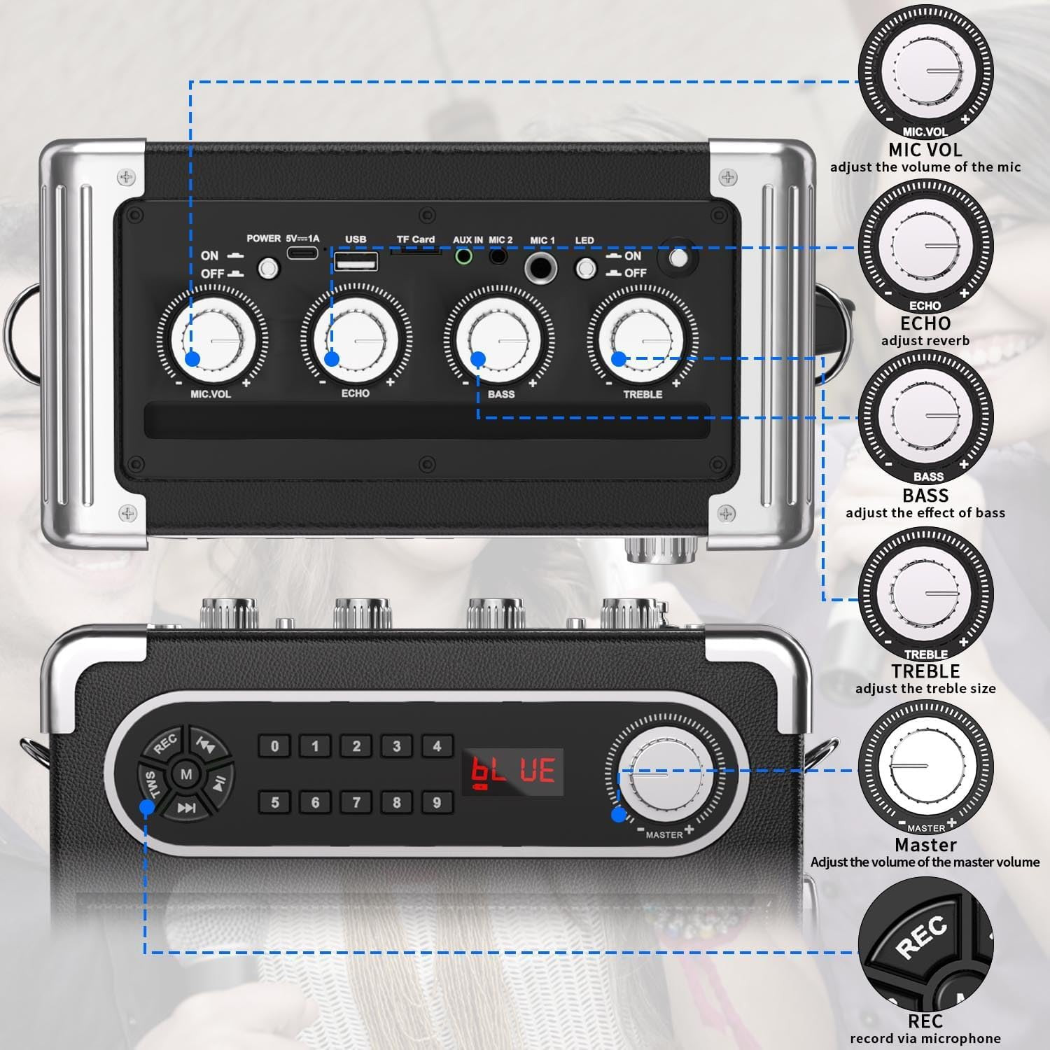 Portable Karaoke Machine with 4 Wireless Mics, Bluetooth Speaker & LED Lights