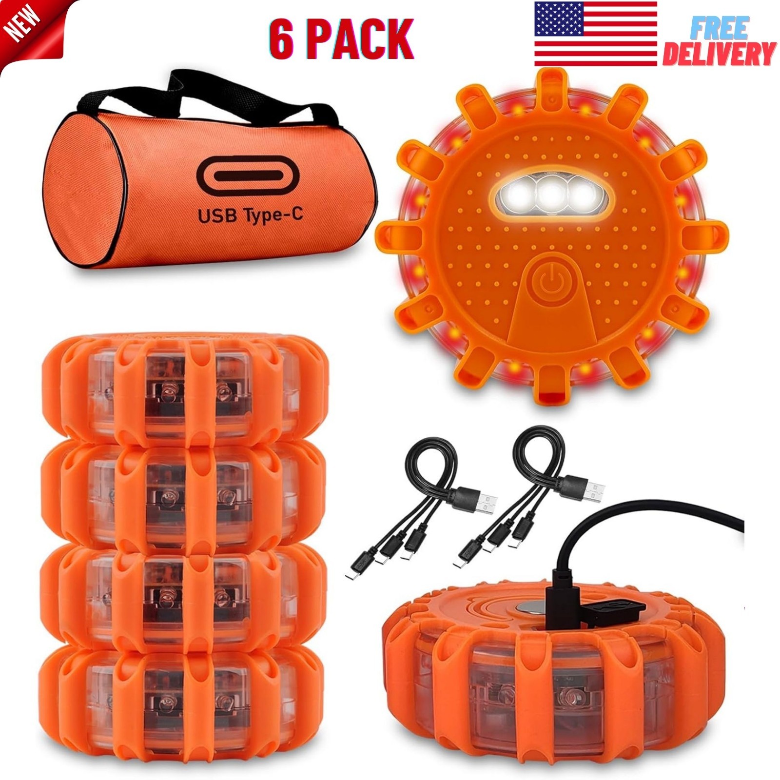 6 Pcs USB-C Rechargeable LED Road Flares Emergency Lights Disc Roadside Warning