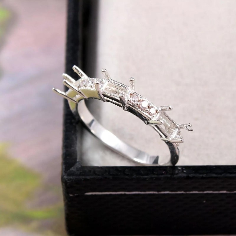 5x3mm Octagon Semi Mount Ring 925 Sterling Silver CZ Accent Setting