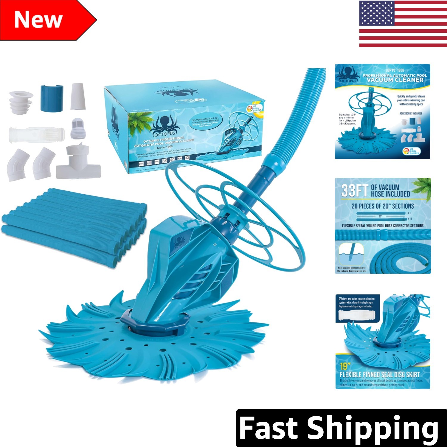 Deluxe Octopus Suction Pool Cleaner - Quiet Automatic Vacuum for Inground Pools