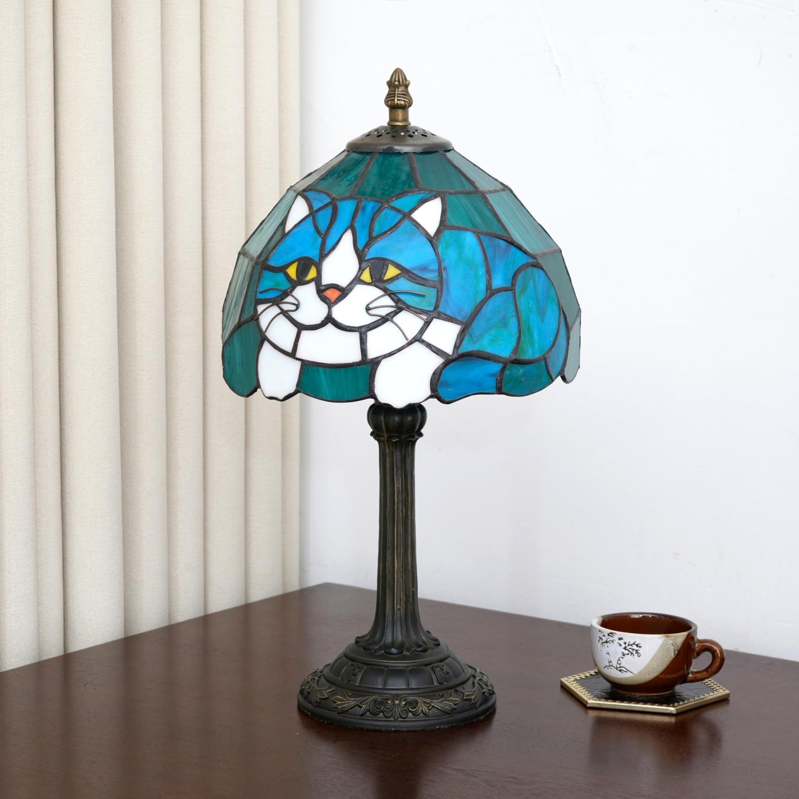 Tiffany Lamp Stained Glass Table Lamp 8X8X14 Inches Cat Style Living Room Bed...
