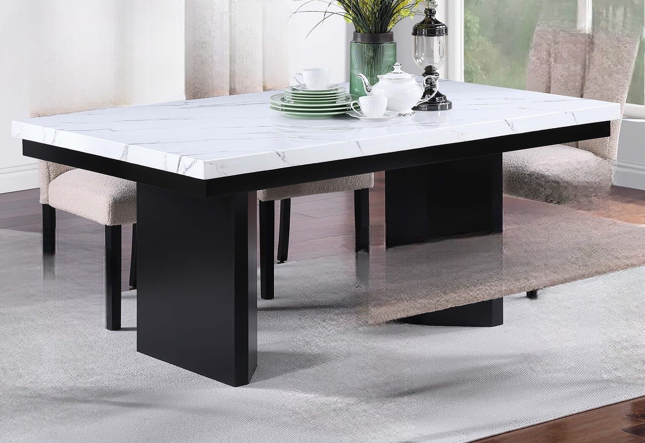 Classic Two-Tone Design White Faux Marble Top Dining Table 4x Side Chairs Benc