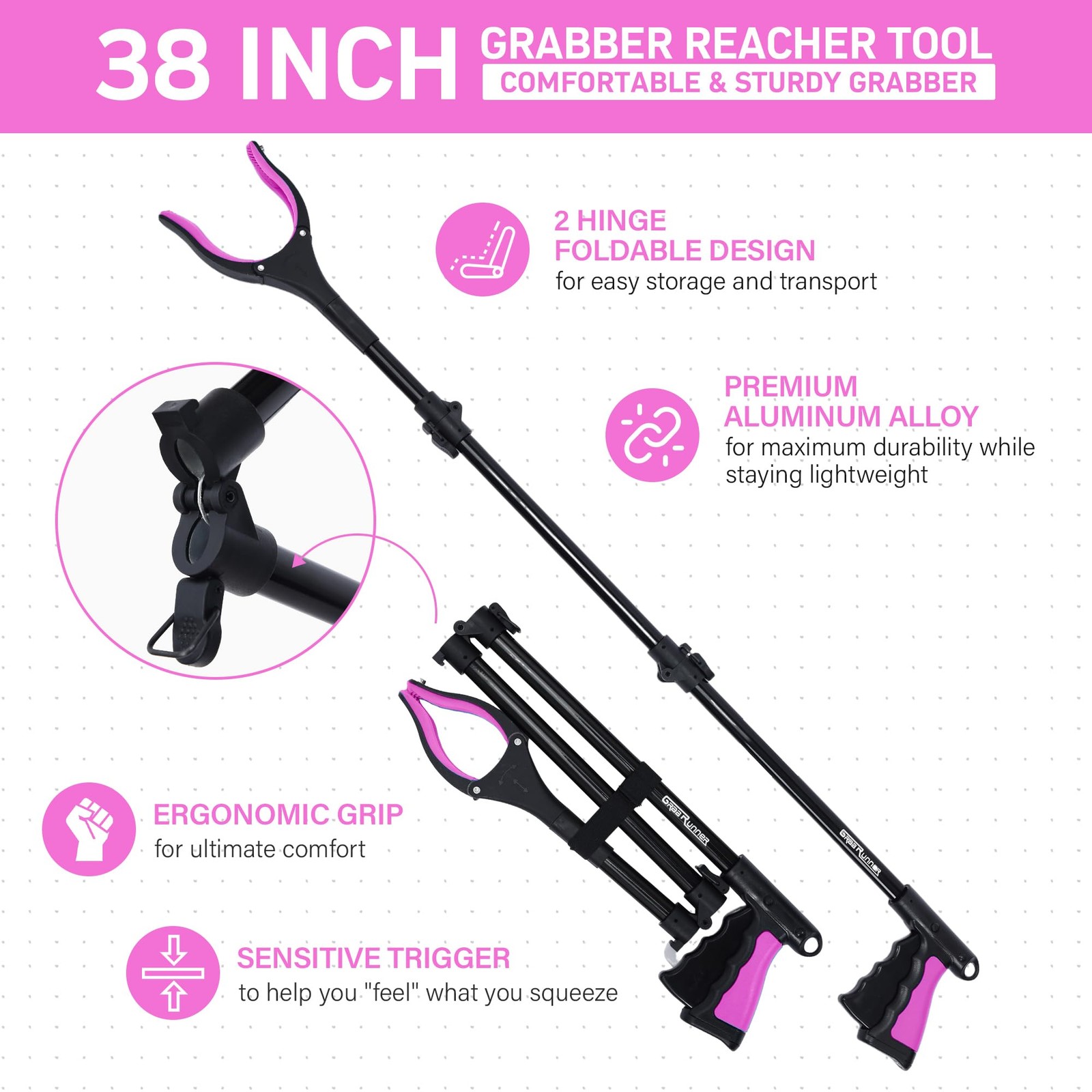 38" Extra Long Grabber Reacher Tool – 2 Pack Foldable Orange Pink