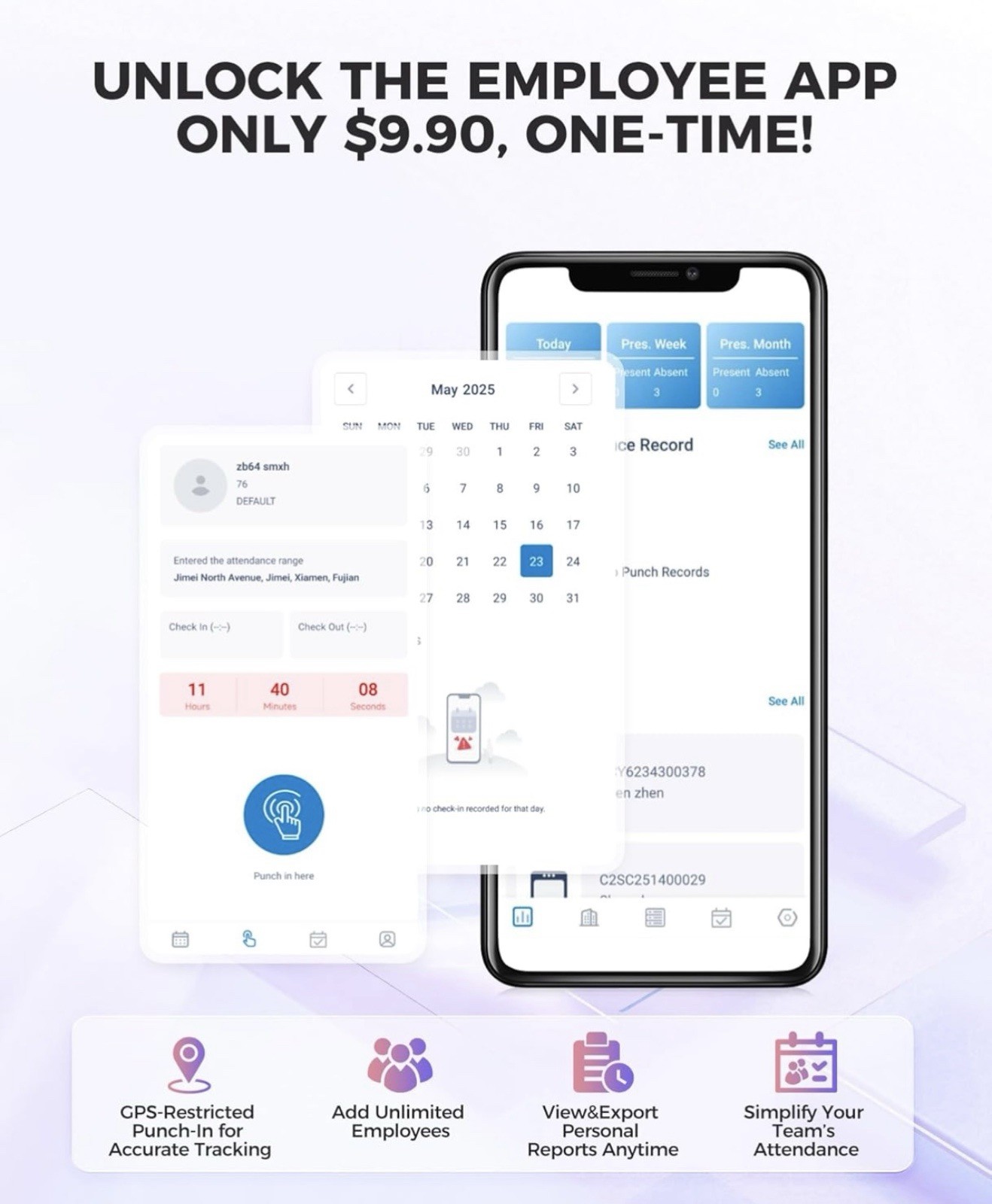 Time Clock Cloud-Based, TC5 Face Recognition iOS Android App No Monthly Fee 2865