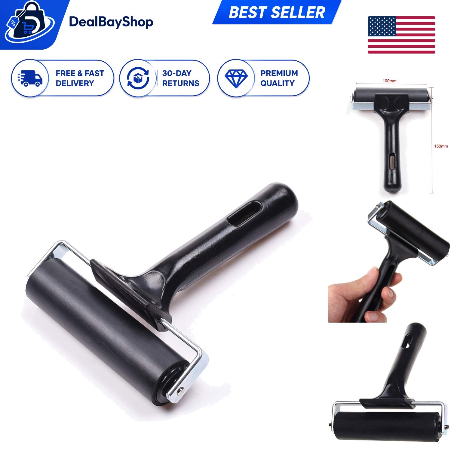 Compact 4-Inch Black Rubber Brayer Roller for Smooth Printmaking & Adhesives