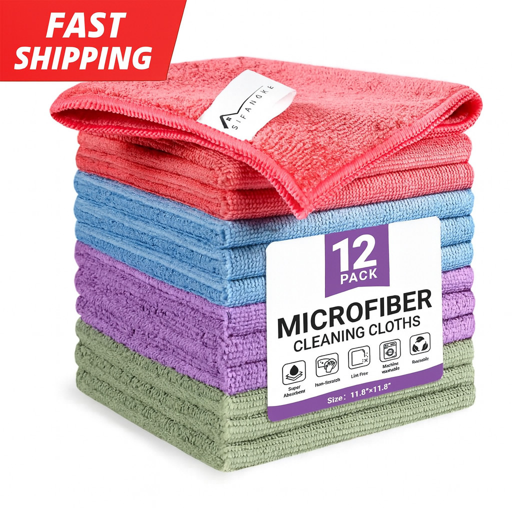 12 Pack Microfiber Cleaning Cloths 11.8x11.8 Reusable Towels Multi Color