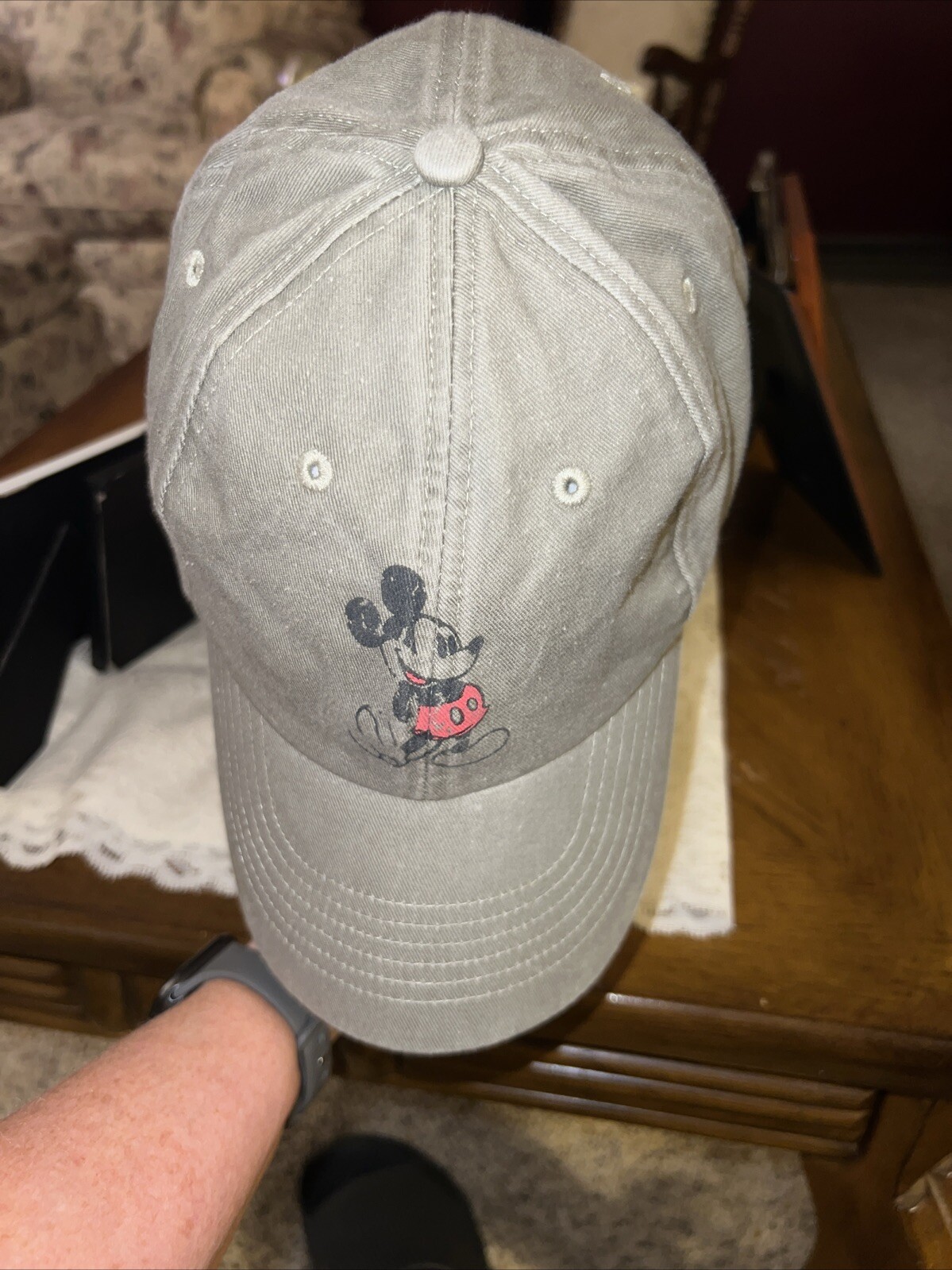 Mickey Mouse Decal Vtg on Gray Hat Cap Hook Loop Walt Disney World Cotton