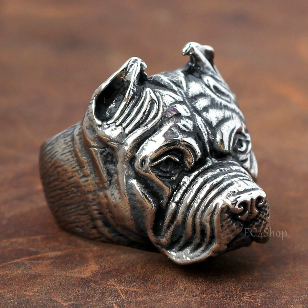 Men's Boy's Pit Bull 3D Dog Head Biker Ring Animal Pet 316L Stainess Steel Punk