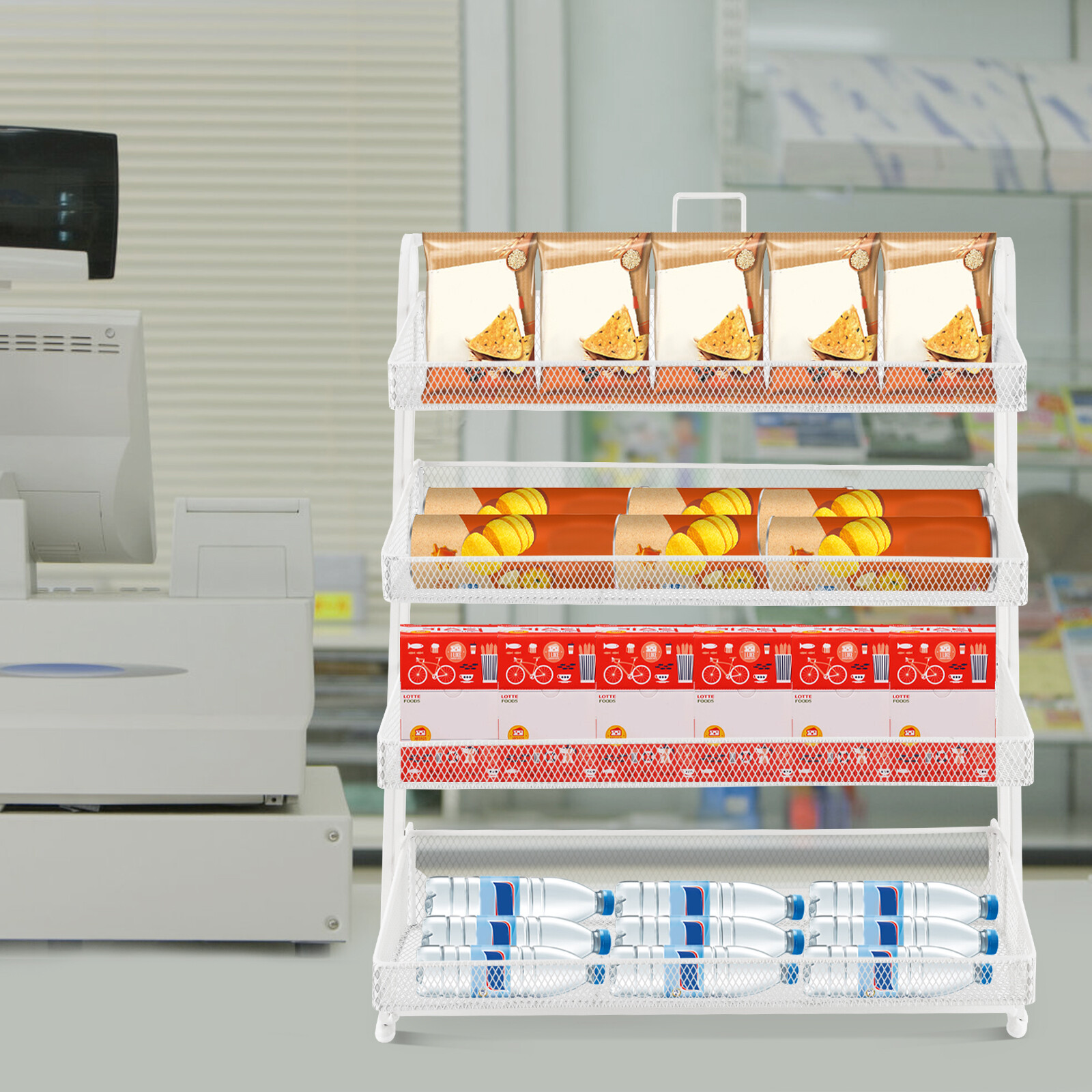 4 Tiers Candy Display Rack Store Snack Shelves Retail Organizer White