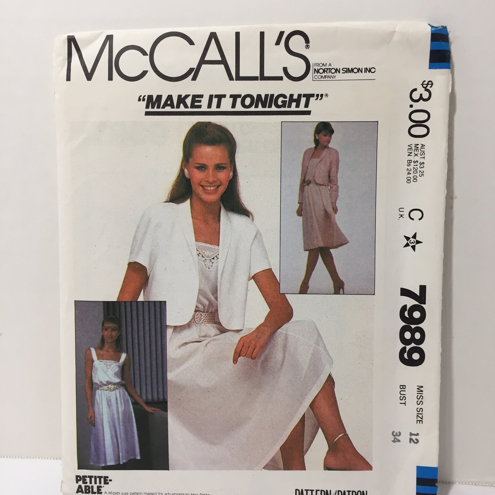 McCall's 7989 Size 12 Bust 34 Misses' Jacket and Dress Petite-able