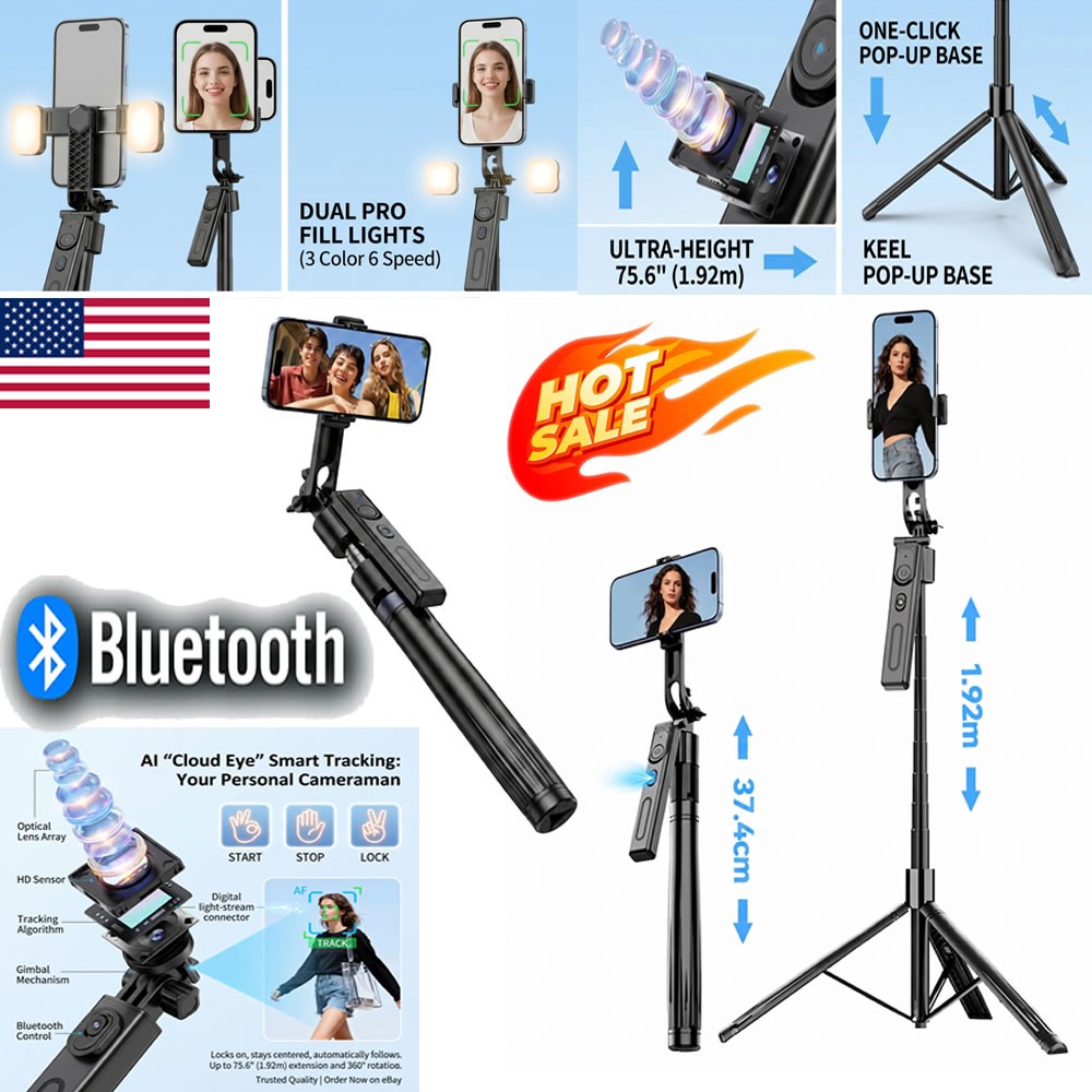 75''Smart Tracking Selfie Stick & Tripod Stand with 360°Rotation 2LED Fill Light