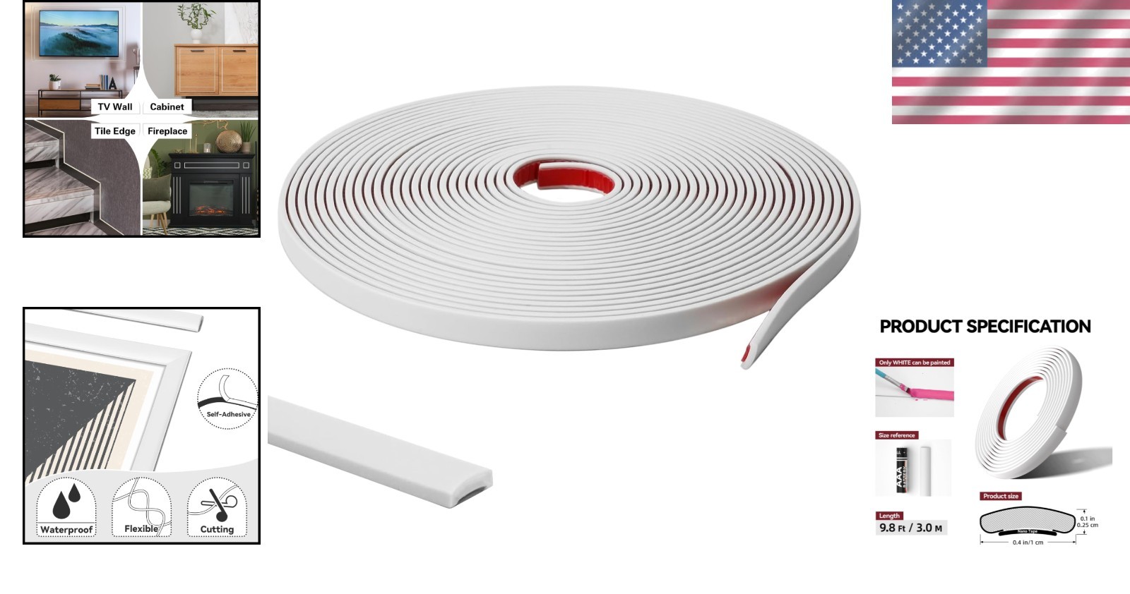 Flexible 9.8 Ft White Vinyl Wall Molding - Easy DIY Installation for Elegance