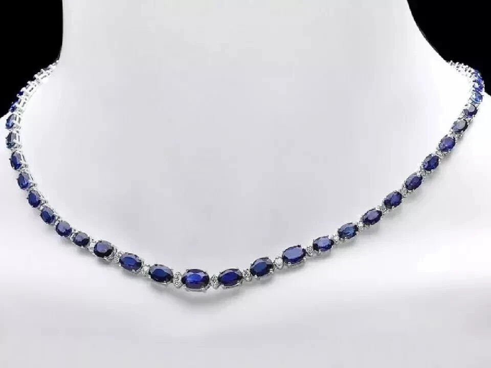 17CT Oval Cut Lab-Created  14K White Gold Finish Blue Sapphire Tennis Necklace