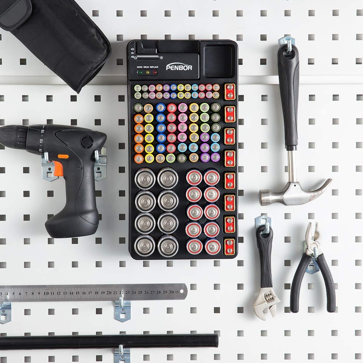 Compact Battery Storage with Tester - Holds 110 Various Sizes, Easy Access