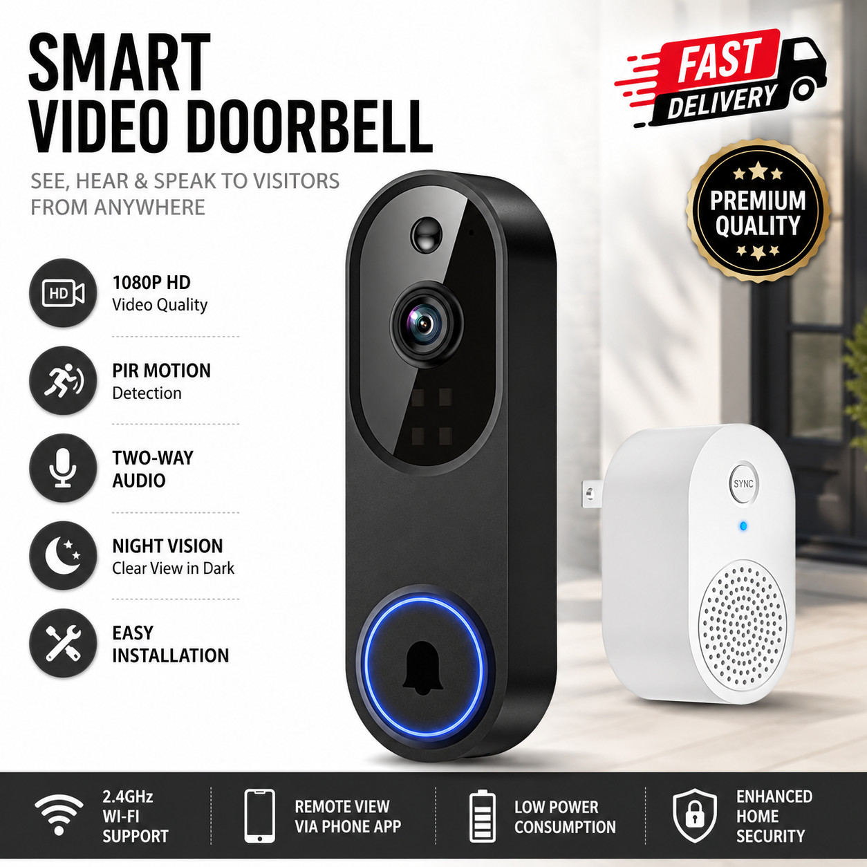 WiFi Ring Doorbell 1080P HD Security Camera Wireless Door Bell Camera With Chime