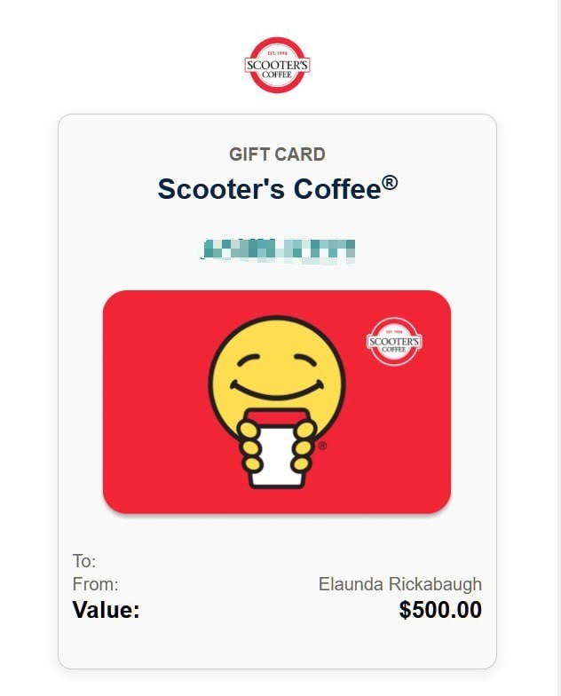 Scooters Coffee $500 E-Gift Card ( DIGITAL DELIVERY )