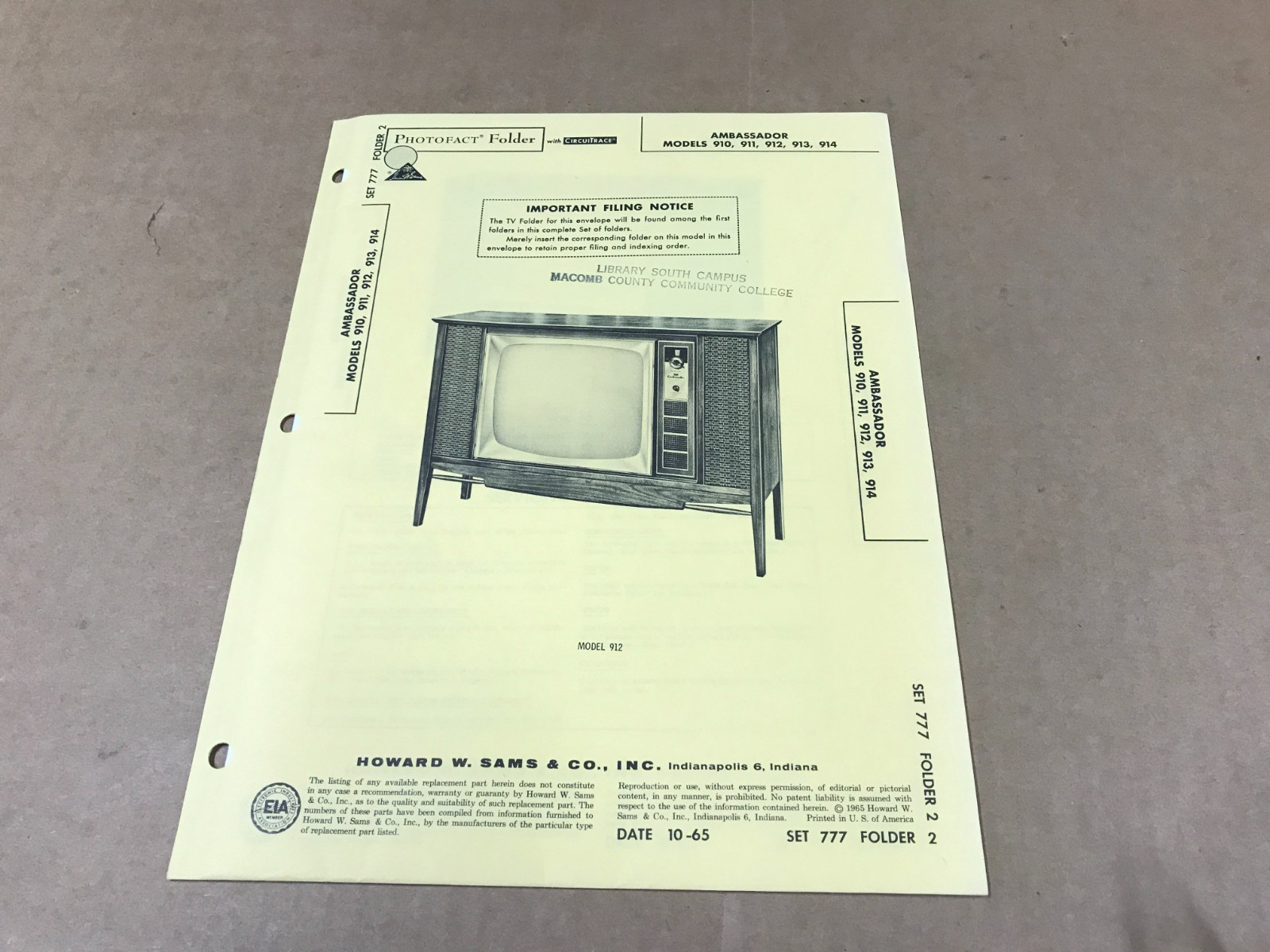 Vintage Photofact Folder - 777-2 - Ambassador TV Models 910/911-14